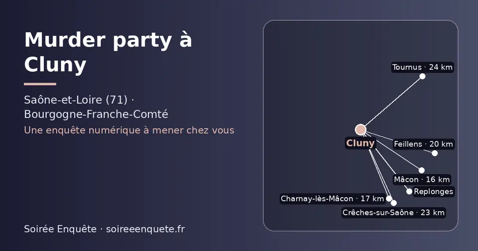 Carte schématique : Cluny et les communes voisines présentées sur ce site (Mâcon, Charnay-lès-Mâcon, Feillens, Replonges, Crêches-sur-Saône, Tournus)
