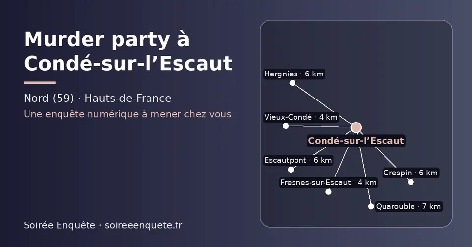 Carte schématique : Condé-sur-l’Escaut et les communes voisines présentées sur ce site (Vieux-Condé, Fresnes-sur-Escaut, Crespin, Hergnies, Escautpont, Quarouble)