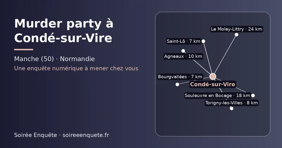 Carte schématique : Condé-sur-Vire et les communes voisines présentées sur ce site (Bourgvallées, Saint-Lô, Torigny-les-Villes, Agneaux, Souleuvre en Bocage, Le Molay-Littry)