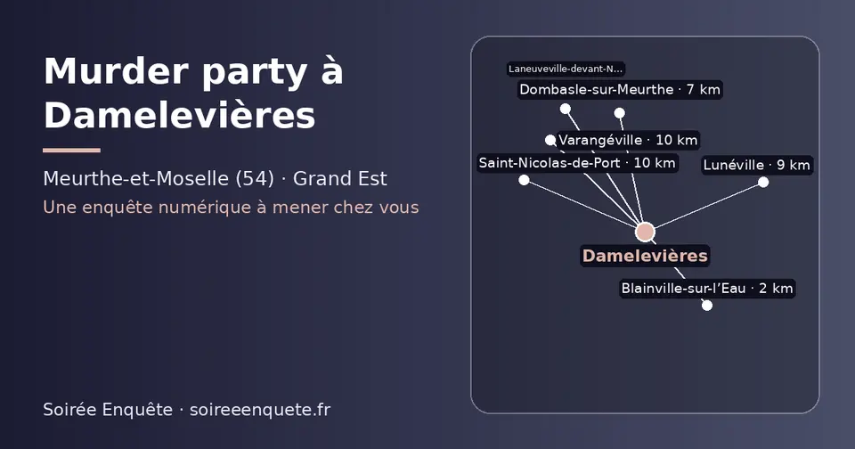 Carte schématique : Damelevières et les communes voisines présentées sur ce site (Blainville-sur-l’Eau, Dombasle-sur-Meurthe, Lunéville, Saint-Nicolas-de-Port, Varangéville, Laneuveville-devant-Nancy)