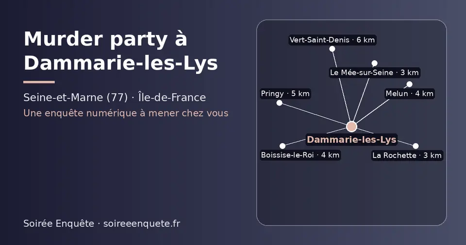 Carte schématique : Dammarie-les-Lys et les communes voisines présentées sur ce site (La Rochette, Le Mée-sur-Seine, Boissise-le-Roi, Melun, Pringy, Vert-Saint-Denis)