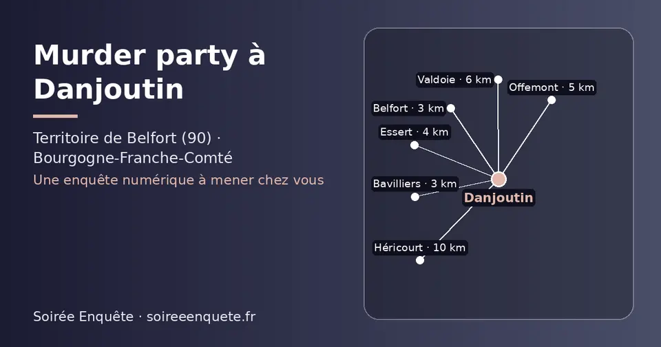 Carte schématique : Danjoutin et les communes voisines présentées sur ce site (Bavilliers, Belfort, Essert, Offemont, Valdoie, Héricourt)