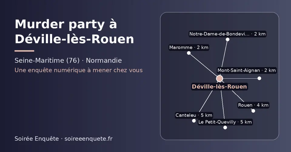 Carte schématique : Déville-lès-Rouen et les communes voisines présentées sur ce site (Maromme, Mont-Saint-Aignan, Notre-Dame-de-Bondeville, Rouen, Canteleu, Le Petit-Quevilly)