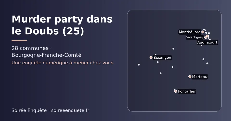 Carte schématique des 28 communes du Doubs présentées sur ce site