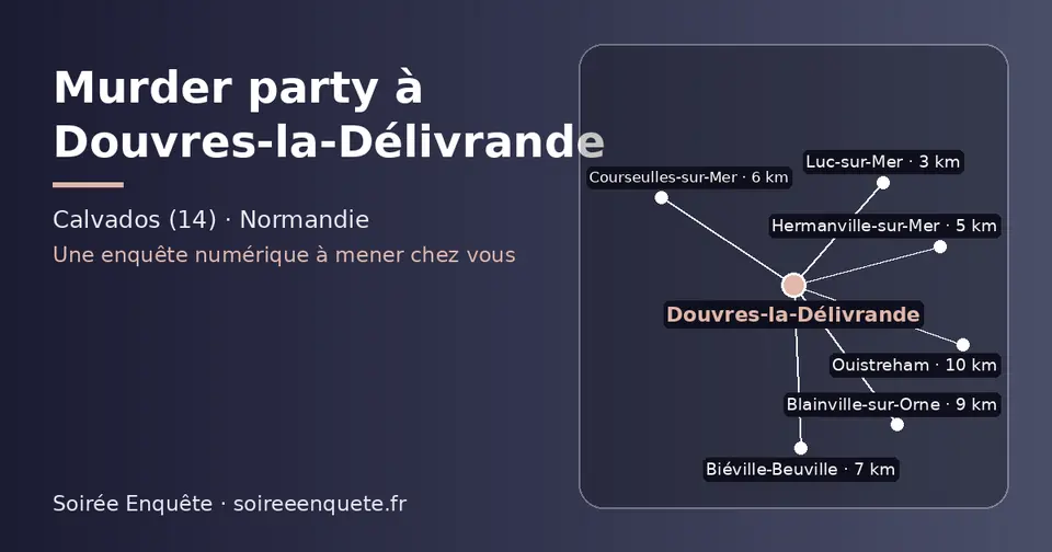 Carte schématique : Douvres-la-Délivrande et les communes voisines présentées sur ce site (Luc-sur-Mer, Hermanville-sur-Mer, Courseulles-sur-Mer, Biéville-Beuville, Blainville-sur-Orne, Ouistreham)