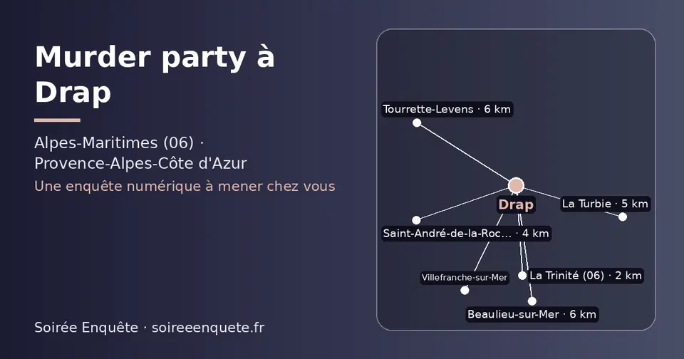Carte schématique : Drap et les communes voisines présentées sur ce site (La Trinité (06), Saint-André-de-la-Roche, La Turbie, Beaulieu-sur-Mer, Villefranche-sur-Mer, Tourrette-Levens)