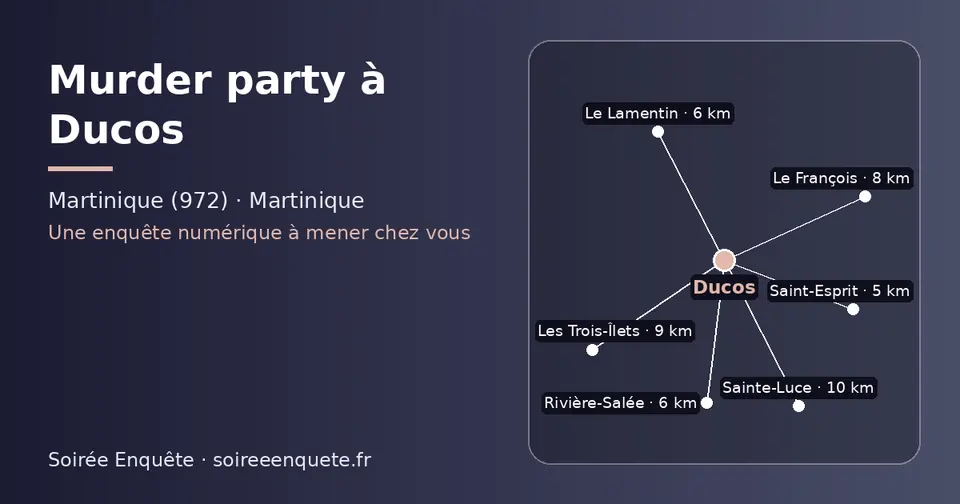 Carte schématique : Ducos et les communes voisines présentées sur ce site (Saint-Esprit, Le Lamentin, Rivière-Salée, Le François, Les Trois-Îlets, Sainte-Luce)