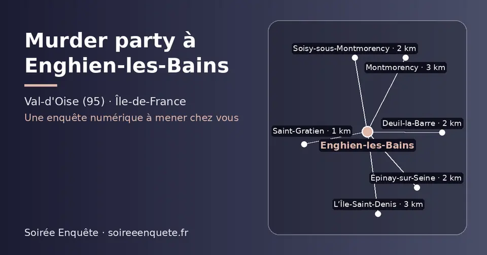 Carte schématique : Enghien-les-Bains et les communes voisines présentées sur ce site (Saint-Gratien, Deuil-la-Barre, Épinay-sur-Seine, Soisy-sous-Montmorency, Montmorency, L’Île-Saint-Denis)