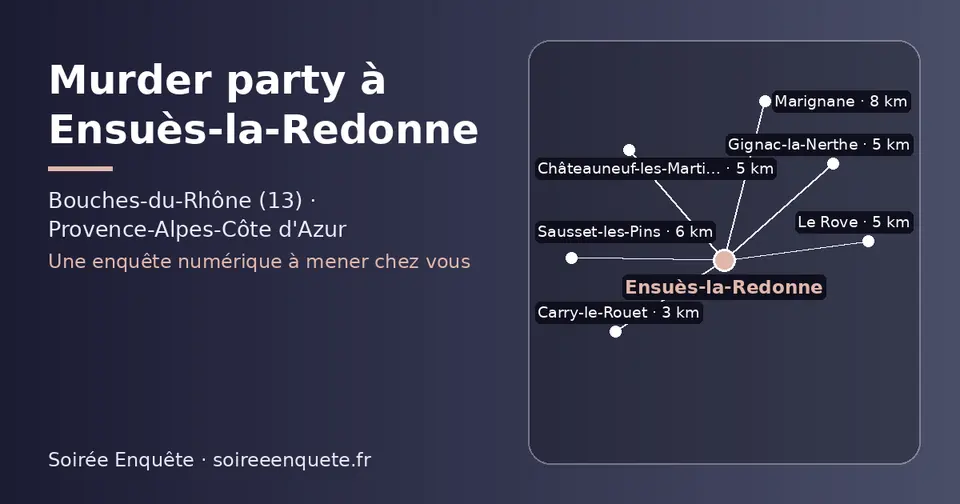 Carte schématique : Ensuès-la-Redonne et les communes voisines présentées sur ce site (Carry-le-Rouet, Le Rove, Gignac-la-Nerthe, Châteauneuf-les-Martigues, Sausset-les-Pins, Marignane)