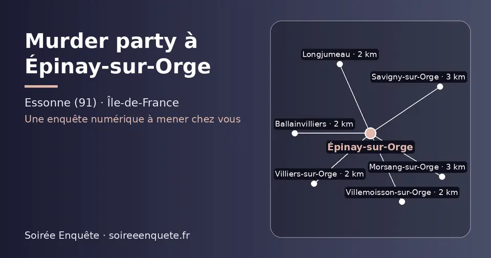 Carte schématique : Épinay-sur-Orge et les communes voisines présentées sur ce site (Villemoisson-sur-Orge, Villiers-sur-Orge, Ballainvilliers, Longjumeau, Savigny-sur-Orge, Morsang-sur-Orge)