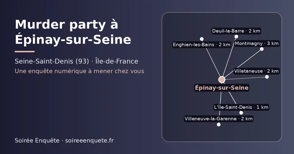 Carte schématique : Épinay-sur-Seine et les communes voisines présentées sur ce site (L’Île-Saint-Denis, Deuil-la-Barre, Villetaneuse, Enghien-les-Bains, Villeneuve-la-Garenne, Montmagny)