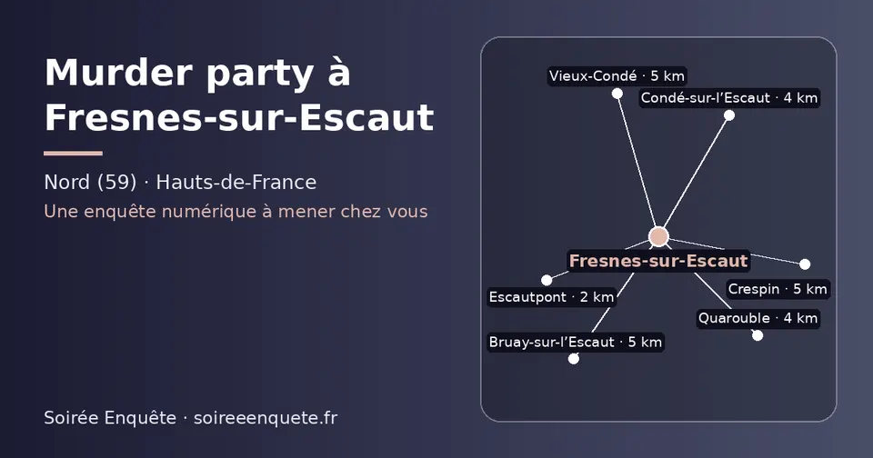 Carte schématique : Fresnes-sur-Escaut et les communes voisines présentées sur ce site (Escautpont, Condé-sur-l’Escaut, Quarouble, Vieux-Condé, Bruay-sur-l’Escaut, Crespin)