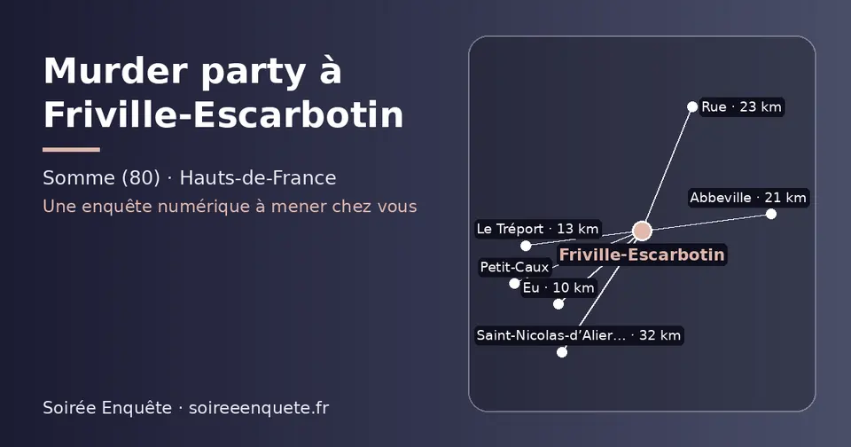 Carte schématique : Friville-Escarbotin et les communes voisines présentées sur ce site (Eu, Le Tréport, Abbeville, Rue, Petit-Caux, Saint-Nicolas-d’Aliermont)