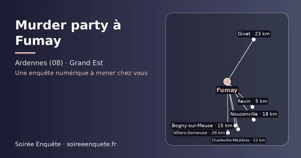 Carte schématique : Fumay et les communes voisines présentées sur ce site (Revin, Bogny-sur-Meuse, Nouzonville, Charleville-Mézières, Givet, Villers-Semeuse)