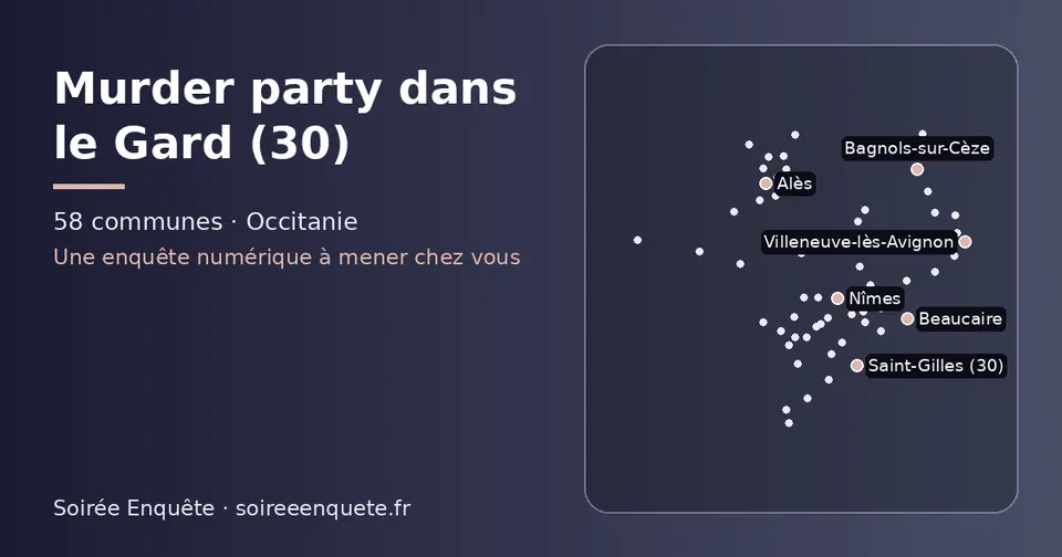 Carte schématique des 58 communes du Gard présentées sur ce site