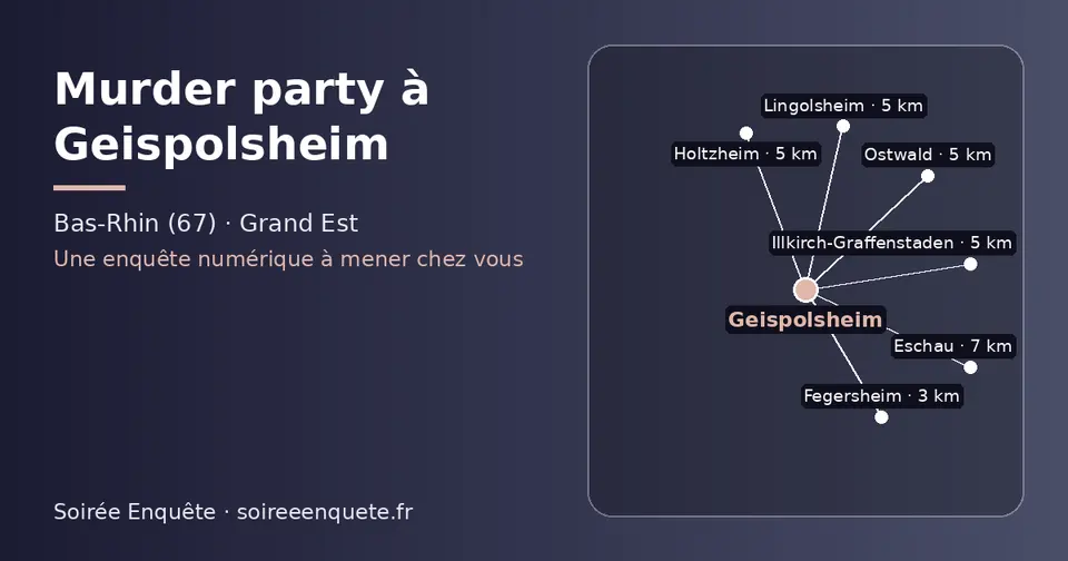 Carte schématique : Geispolsheim et les communes voisines présentées sur ce site (Fegersheim, Lingolsheim, Holtzheim, Illkirch-Graffenstaden, Ostwald, Eschau)