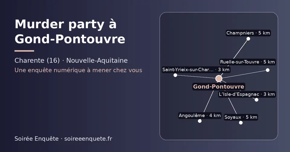 Carte schématique : Gond-Pontouvre et les communes voisines présentées sur ce site (Saint-Yrieix-sur-Charente, L’Isle-d’Espagnac, Angoulême, Ruelle-sur-Touvre, Champniers, Soyaux)