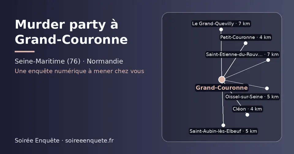 Carte schématique : Grand-Couronne et les communes voisines présentées sur ce site (Petit-Couronne, Cléon, Oissel-sur-Seine, Saint-Aubin-lès-Elbeuf, Saint-Étienne-du-Rouvray, Le Grand-Quevilly)