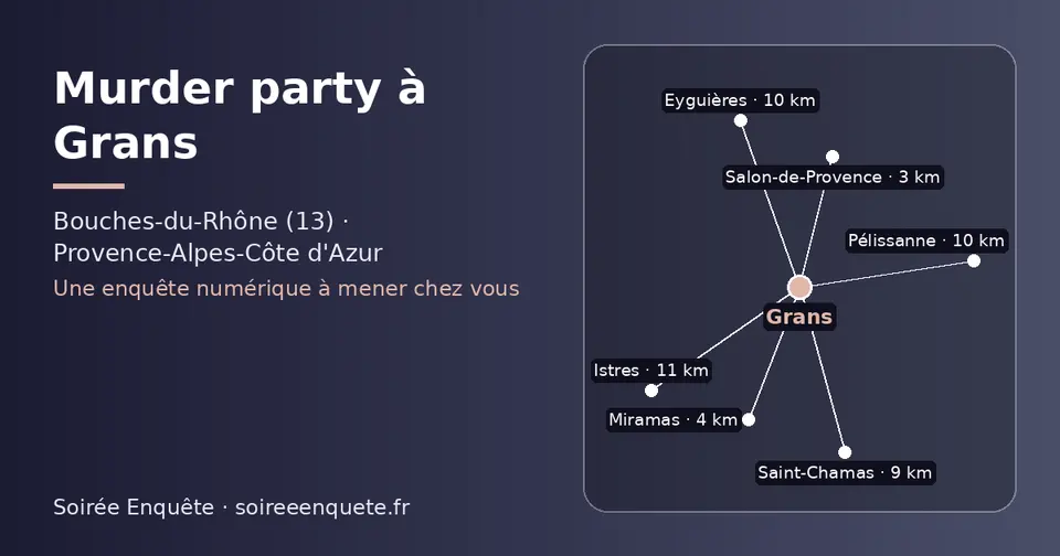Carte schématique : Grans et les communes voisines présentées sur ce site (Salon-de-Provence, Miramas, Saint-Chamas, Eyguières, Pélissanne, Istres)