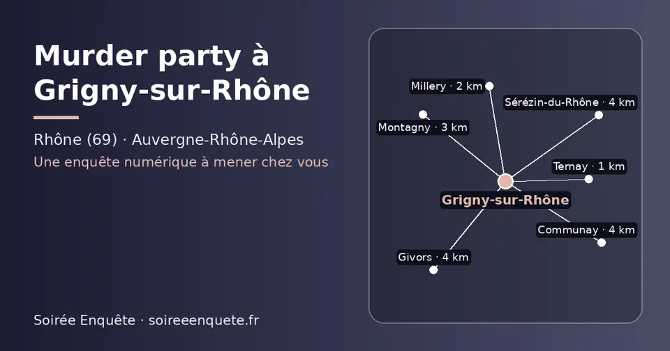 Carte schématique : Grigny-sur-Rhône et les communes voisines présentées sur ce site (Ternay, Millery, Montagny, Sérézin-du-Rhône, Givors, Communay)