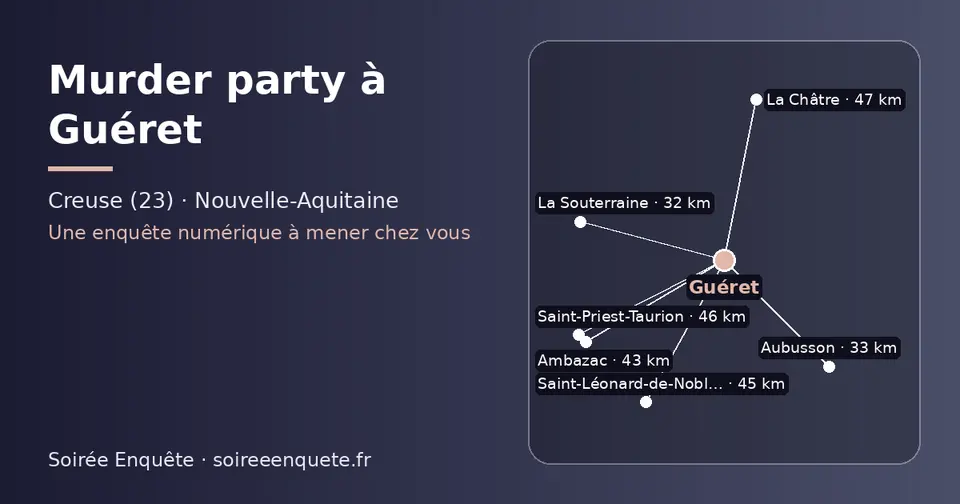 Carte schématique : Guéret et les communes voisines présentées sur ce site (La Souterraine, Aubusson, Ambazac, Saint-Léonard-de-Noblat, Saint-Priest-Taurion, La Châtre)