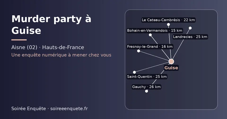 Carte schématique : Guise et les communes voisines présentées sur ce site (Bohain-en-Vermandois, Fresnoy-le-Grand, Le Cateau-Cambrésis, Landrecies, Saint-Quentin, Gauchy)