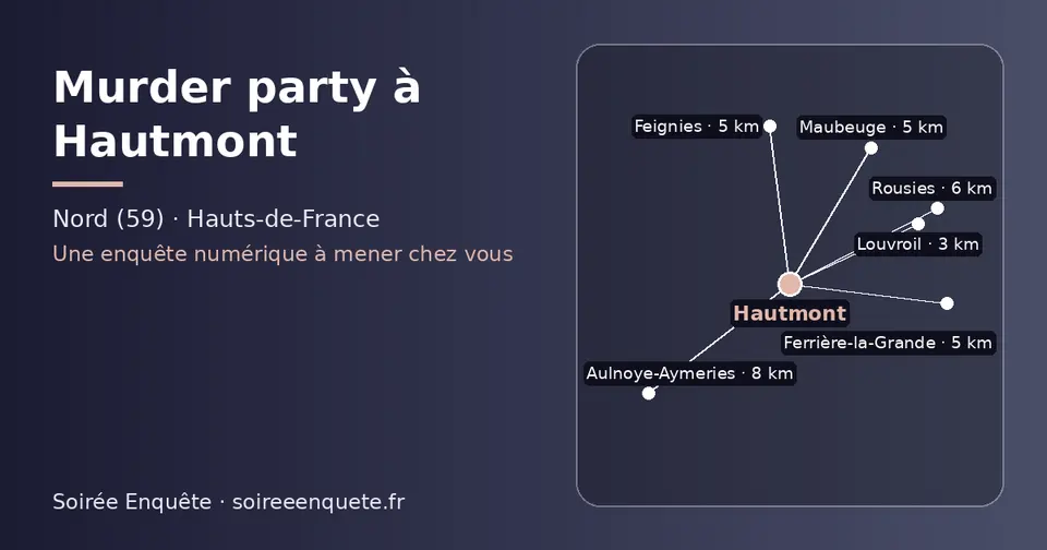 Carte schématique : Hautmont et les communes voisines présentées sur ce site (Louvroil, Feignies, Maubeuge, Ferrière-la-Grande, Rousies, Aulnoye-Aymeries)