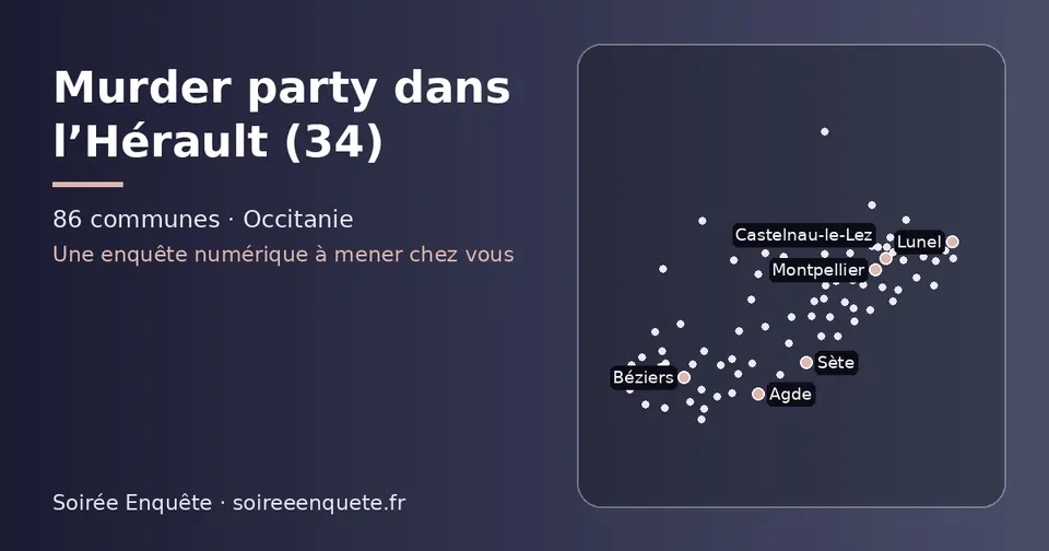 Carte schématique des 86 communes de l’Hérault présentées sur ce site