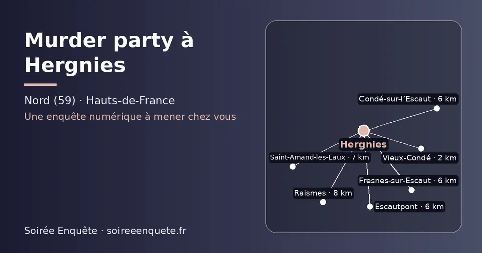 Carte schématique : Hergnies et les communes voisines présentées sur ce site (Vieux-Condé, Condé-sur-l’Escaut, Escautpont, Fresnes-sur-Escaut, Saint-Amand-les-Eaux, Raismes)