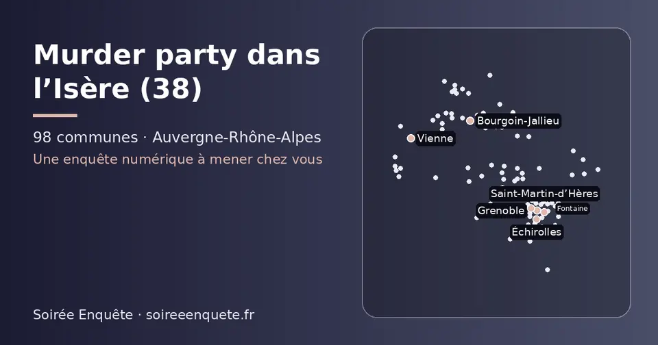 Carte schématique des 98 communes de l’Isère présentées sur ce site