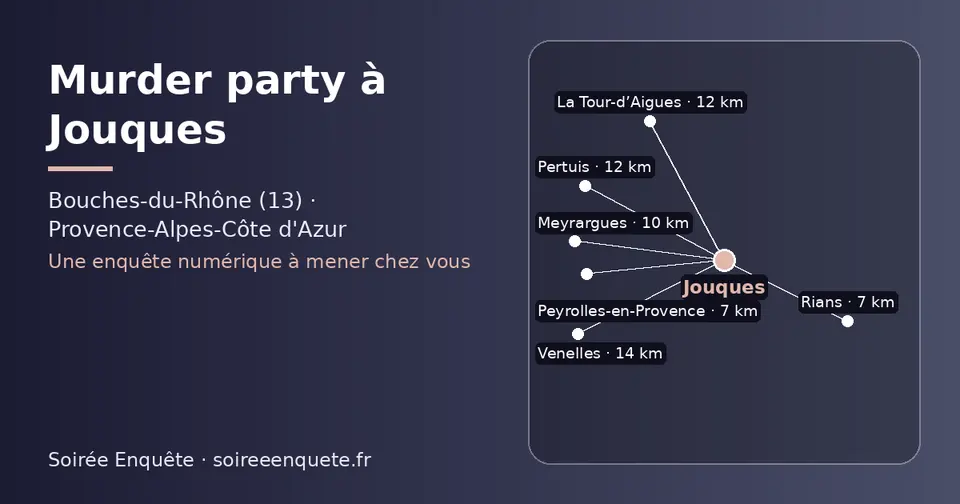 Carte schématique : Jouques et les communes voisines présentées sur ce site (Rians, Peyrolles-en-Provence, Meyrargues, La Tour-d’Aigues, Pertuis, Venelles)