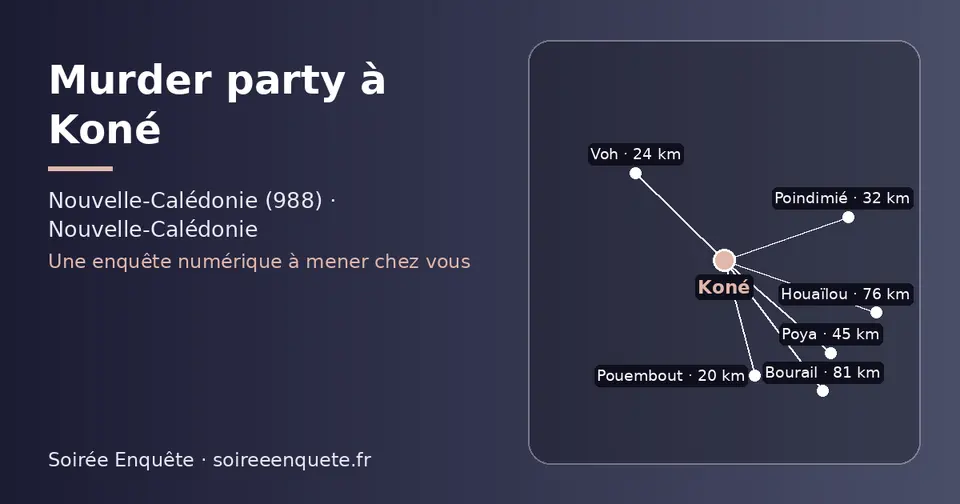 Carte schématique : Koné et les communes voisines présentées sur ce site (Pouembout, Voh, Poindimié, Poya, Houaïlou, Bourail)