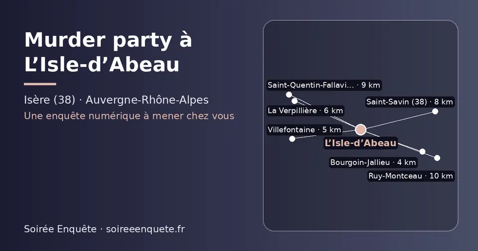 Carte schématique : L’Isle-d’Abeau et les communes voisines présentées sur ce site (Bourgoin-Jallieu, Villefontaine, La Verpillière, Saint-Savin (38), Saint-Quentin-Fallavier, Ruy-Montceau)