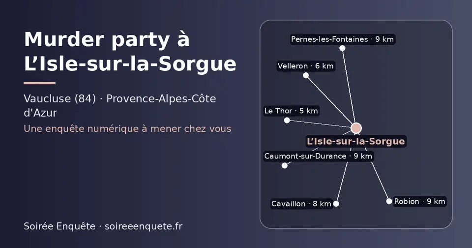 Carte schématique : L’Isle-sur-la-Sorgue et les communes voisines présentées sur ce site (Le Thor, Velleron, Cavaillon, Pernes-les-Fontaines, Robion, Caumont-sur-Durance)