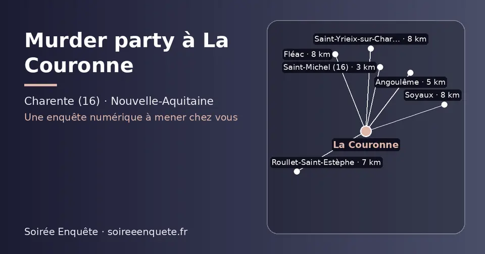Carte schématique : La Couronne et les communes voisines présentées sur ce site (Saint-Michel (16), Angoulême, Roullet-Saint-Estèphe, Fléac, Saint-Yrieix-sur-Charente, Soyaux)