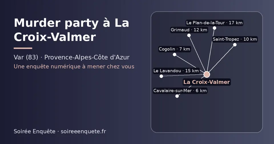 Carte schématique : La Croix-Valmer et les communes voisines présentées sur ce site (Cavalaire-sur-Mer, Cogolin, Saint-Tropez, Grimaud, Le Lavandou, Le Plan-de-la-Tour)