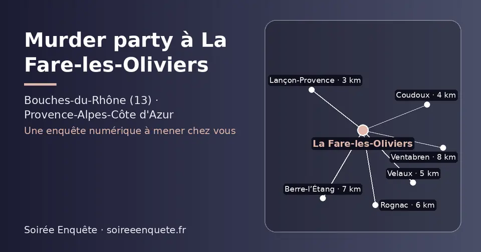 Carte schématique : La Fare-les-Oliviers et les communes voisines présentées sur ce site (Lançon-Provence, Coudoux, Velaux, Rognac, Berre-l’Étang, Ventabren)