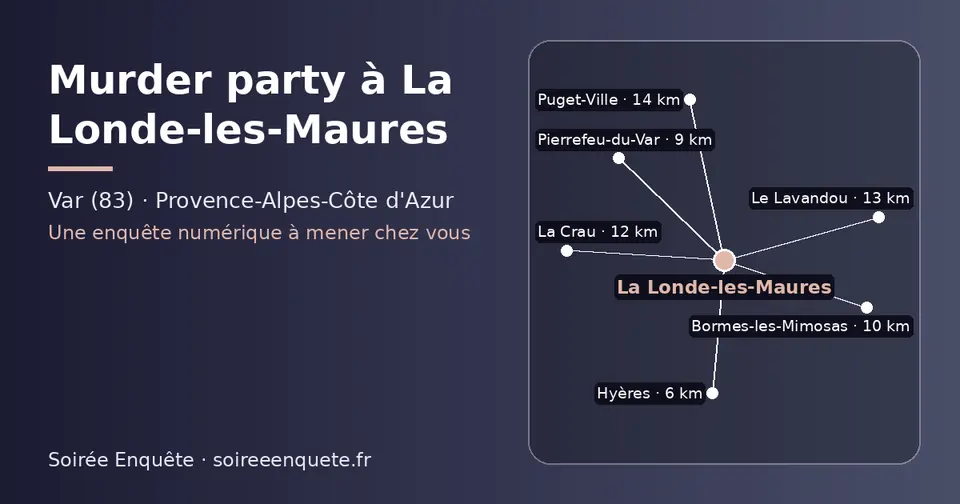 Carte schématique : La Londe-les-Maures et les communes voisines présentées sur ce site (Hyères, Pierrefeu-du-Var, Bormes-les-Mimosas, La Crau, Le Lavandou, Puget-Ville)