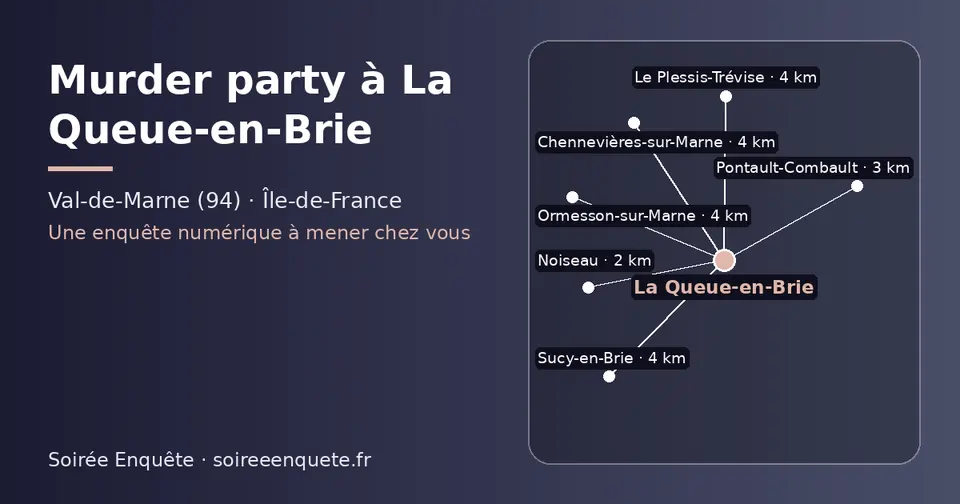 Carte schématique : La Queue-en-Brie et les communes voisines présentées sur ce site (Noiseau, Pontault-Combault, Le Plessis-Trévise, Chennevières-sur-Marne, Sucy-en-Brie, Ormesson-sur-Marne)