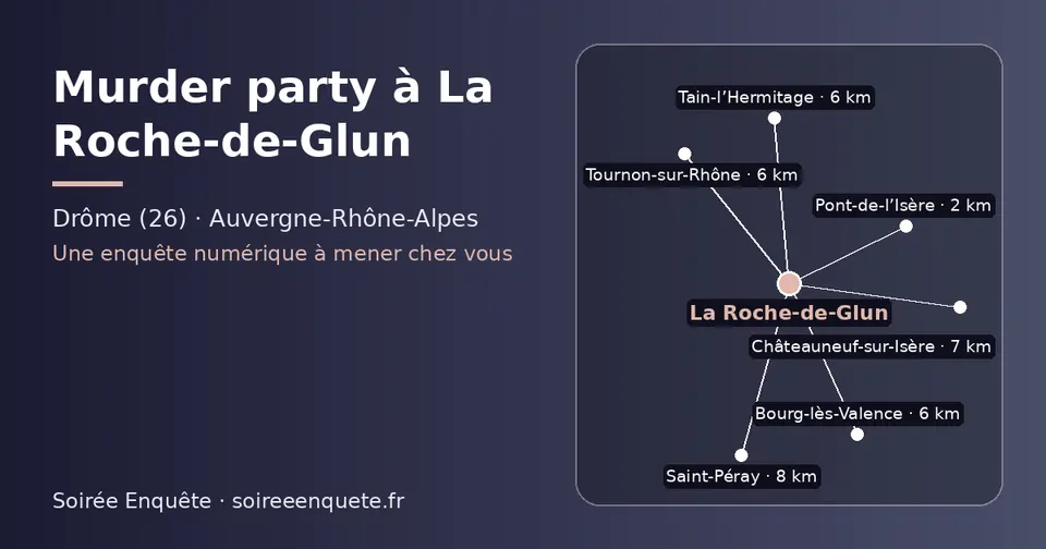 Carte schématique : La Roche-de-Glun et les communes voisines présentées sur ce site (Pont-de-l’Isère, Tournon-sur-Rhône, Bourg-lès-Valence, Tain-l’Hermitage, Châteauneuf-sur-Isère, Saint-Péray)