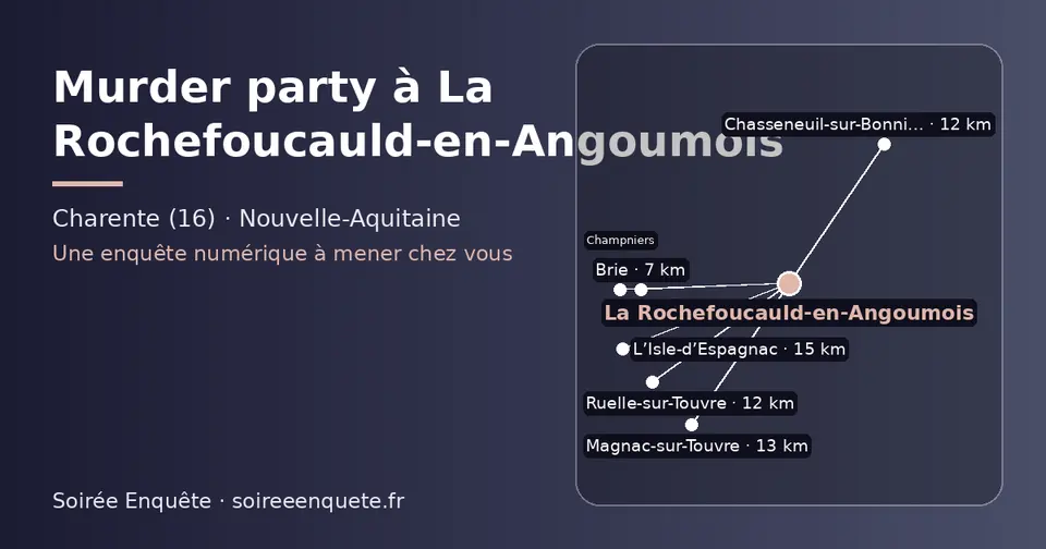 Carte schématique : La Rochefoucauld-en-Angoumois et les communes voisines présentées sur ce site (Brie, Ruelle-sur-Touvre, Chasseneuil-sur-Bonnieure, Champniers, Magnac-sur-Touvre, L’Isle-d’Espagnac)