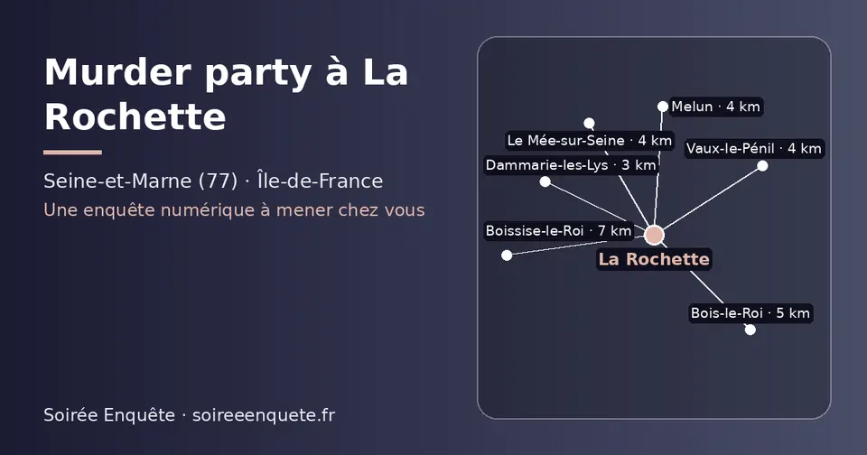 Carte schématique : La Rochette et les communes voisines présentées sur ce site (Dammarie-les-Lys, Vaux-le-Pénil, Melun, Le Mée-sur-Seine, Bois-le-Roi, Boissise-le-Roi)