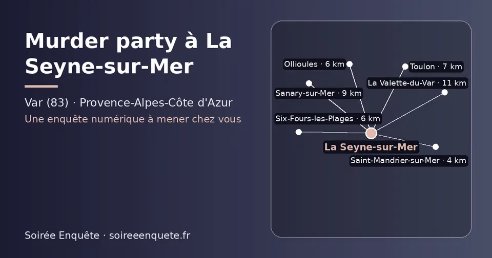 Carte schématique : La Seyne-sur-Mer et les communes voisines présentées sur ce site (Saint-Mandrier-sur-Mer, Six-Fours-les-Plages, Ollioules, Toulon, Sanary-sur-Mer, La Valette-du-Var)