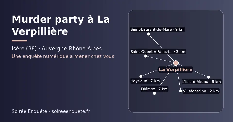 Carte schématique : La Verpillière et les communes voisines présentées sur ce site (Villefontaine, Saint-Quentin-Fallavier, L’Isle-d’Abeau, Diémoz, Heyrieux, Saint-Laurent-de-Mure)
