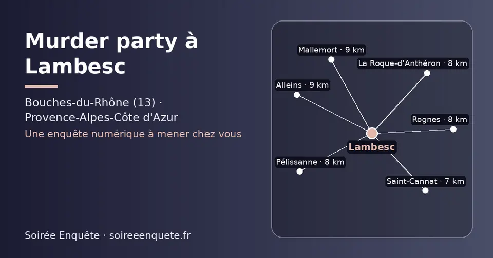 Carte schématique : Lambesc et les communes voisines présentées sur ce site (Saint-Cannat, Pélissanne, La Roque-d’Anthéron, Rognes, Mallemort, Alleins)