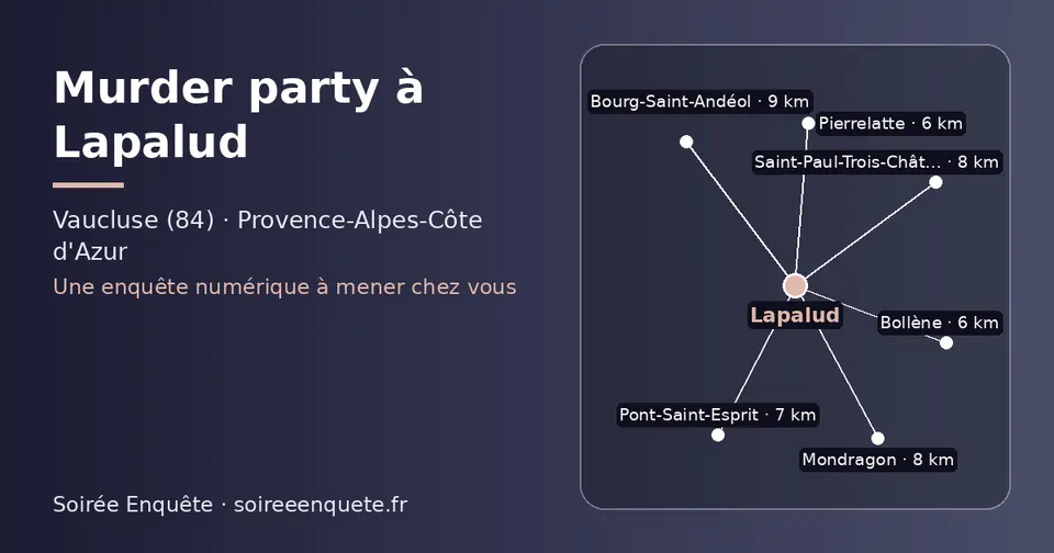 Carte schématique : Lapalud et les communes voisines présentées sur ce site (Bollène, Pierrelatte, Pont-Saint-Esprit, Saint-Paul-Trois-Châteaux, Mondragon, Bourg-Saint-Andéol)