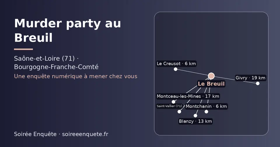 Carte schématique : Le Breuil et les communes voisines présentées sur ce site (Le Creusot, Montchanin, Blanzy, Montceau-les-Mines, Givry, Saint-Vallier (71))