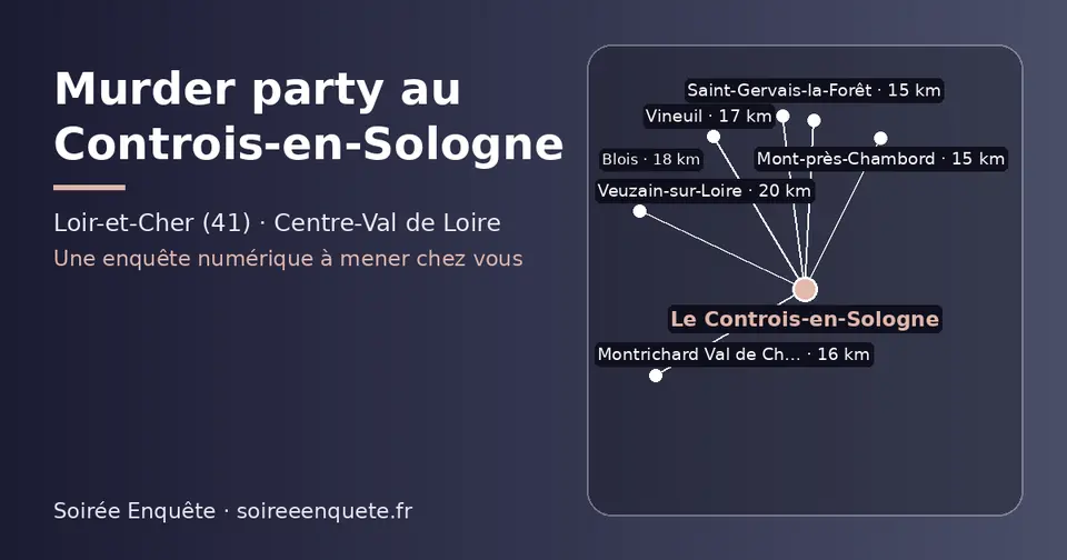 Carte schématique : Le Controis-en-Sologne et les communes voisines présentées sur ce site (Mont-près-Chambord, Saint-Gervais-la-Forêt, Montrichard Val de Cher, Vineuil, Blois, Veuzain-sur-Loire)