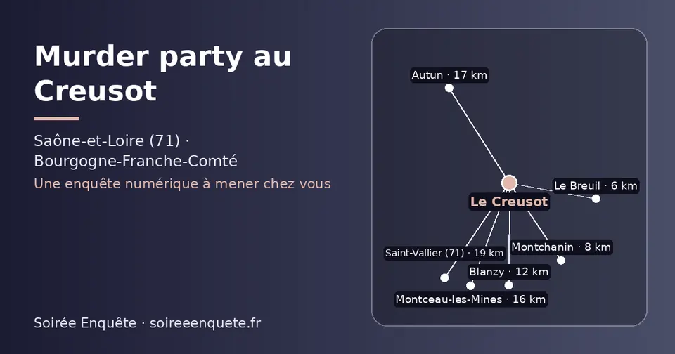 Carte schématique : Le Creusot et les communes voisines présentées sur ce site (Le Breuil, Montchanin, Blanzy, Montceau-les-Mines, Autun, Saint-Vallier (71))