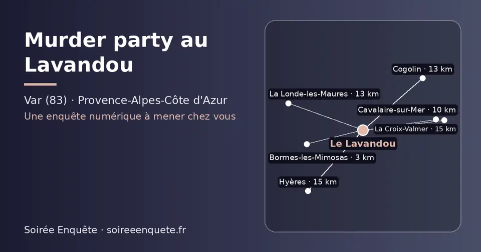 Carte schématique : Le Lavandou et les communes voisines présentées sur ce site (Bormes-les-Mimosas, Cavalaire-sur-Mer, La Londe-les-Maures, Cogolin, Hyères, La Croix-Valmer)